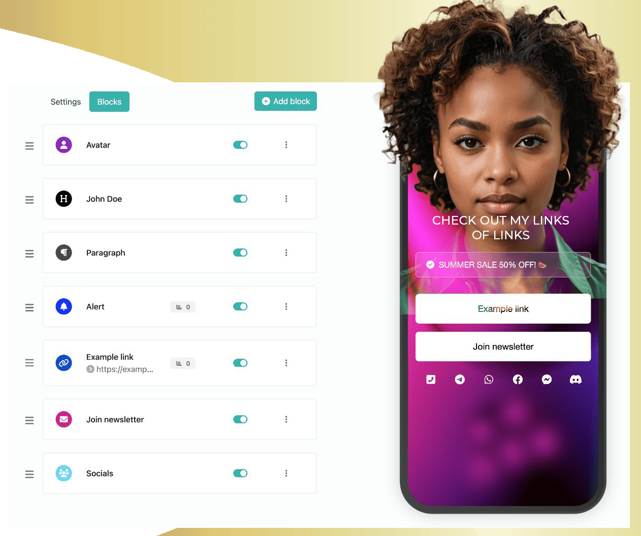 Wuzup page editor with draggable blocks list and a live phone preview